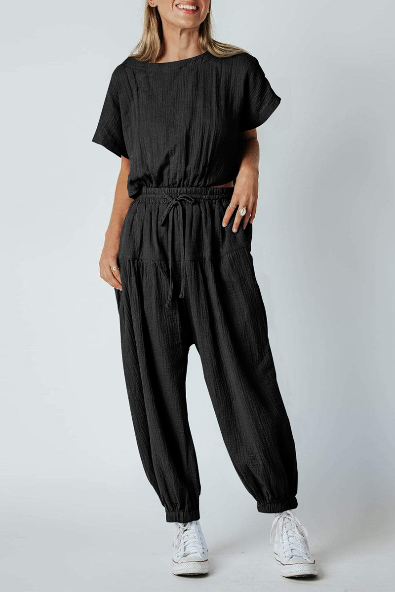 Kaynafashions - Casual Solid Patchwork O Neck Harlan Jumpsuits(4 Colors)