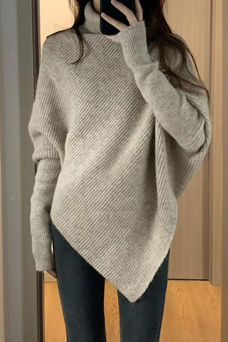 Kaynafashions - Casual Solid Asymmetrical Turtleneck Tops