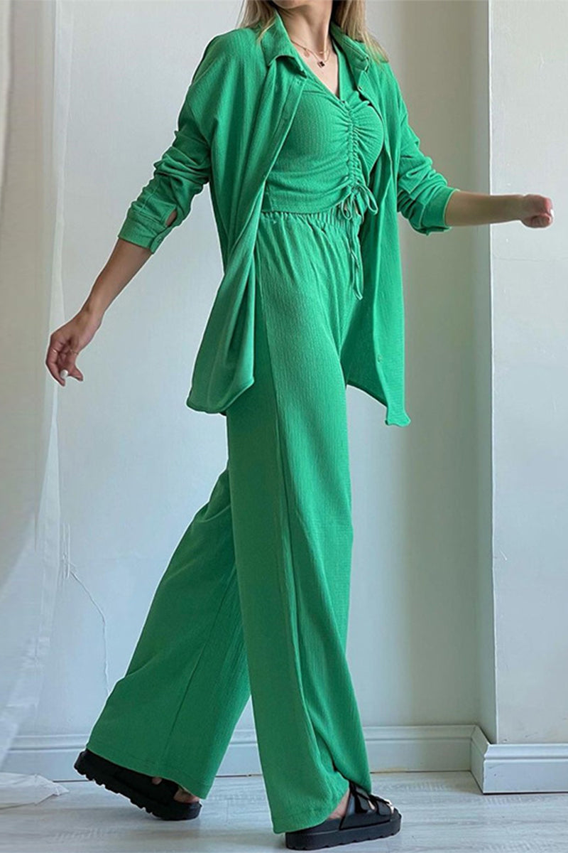 Kaynafashions - Casual Solid Draw String Fold Turndown Collar Long Sleeve Three Pieces(Shirt vest trousers)