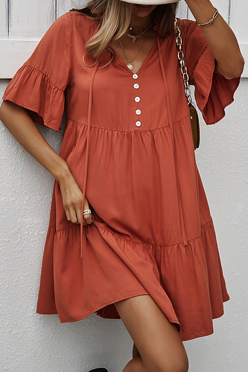 Kaynafashions - Casual Solid Patchwork V Neck Cake Skirt Dresses(4 colors)