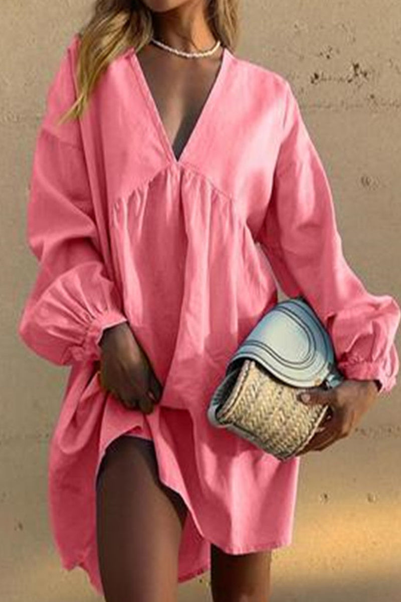 Kaynafashions - Casual Simplicity Solid Patchwork V Neck Long Sleeve Dresses(4 Colors)
