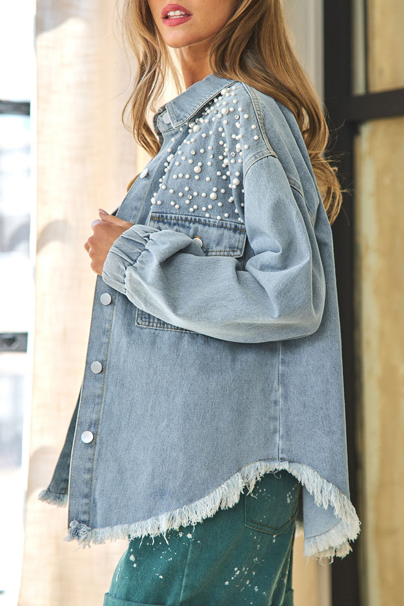 Kaynafashions - Street Patchwork Tassel Beading Turndown Collar Long Sleeve Loose Denim Jacket