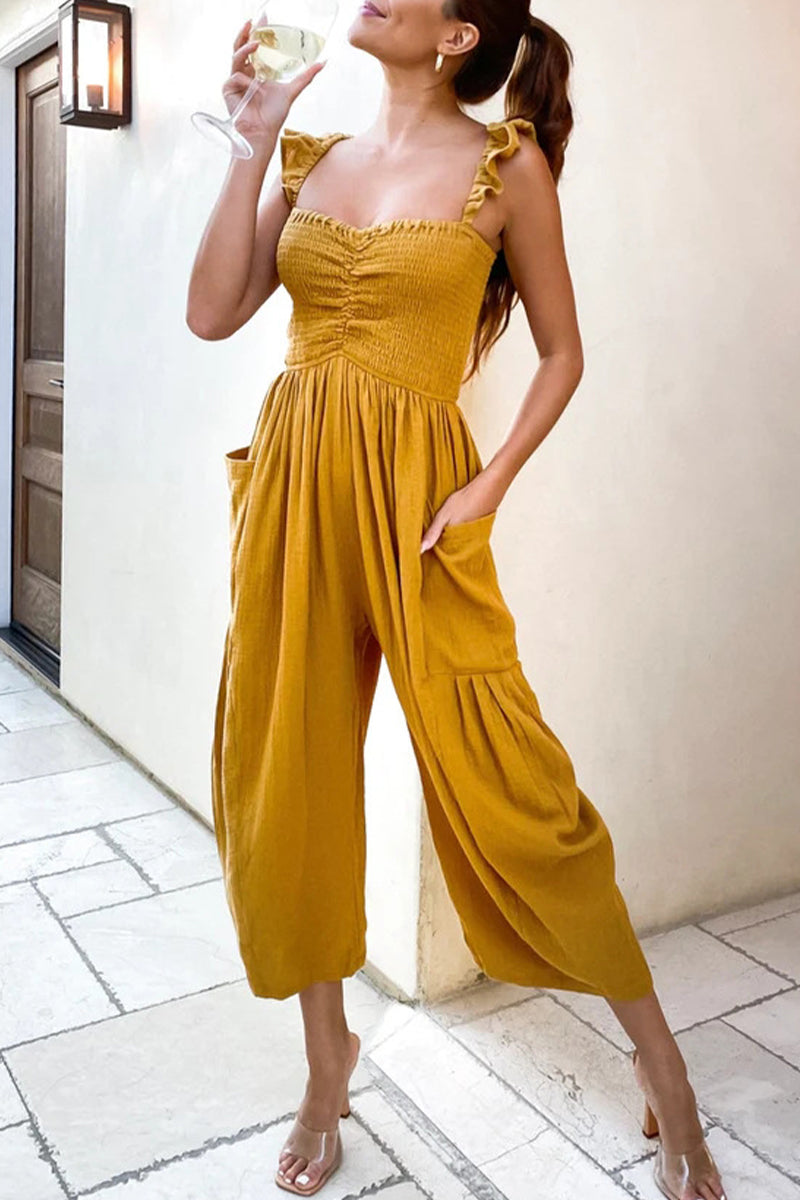 Kaynafashions - Casual Street Solid Patchwork Pocket Spaghetti Strap Straight Jumpsuits(4 Colors)