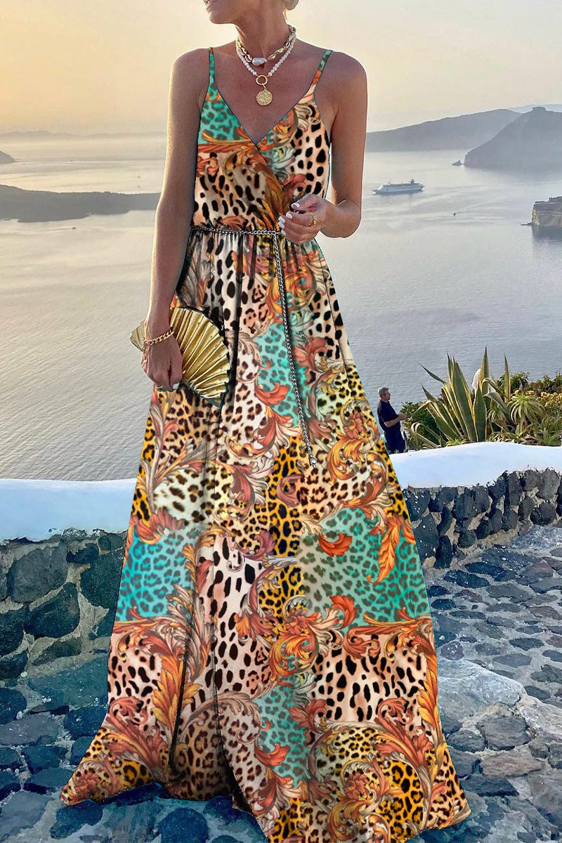 Kaynafashions - Fashion Print Patchwork Spaghetti Strap Cake Skirt Dresses(6 Colors)