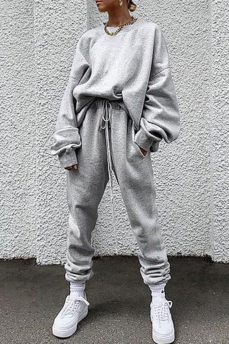 Kaynafashions - Casual Solid Pocket O Neck Long Sleeve Two Pieces