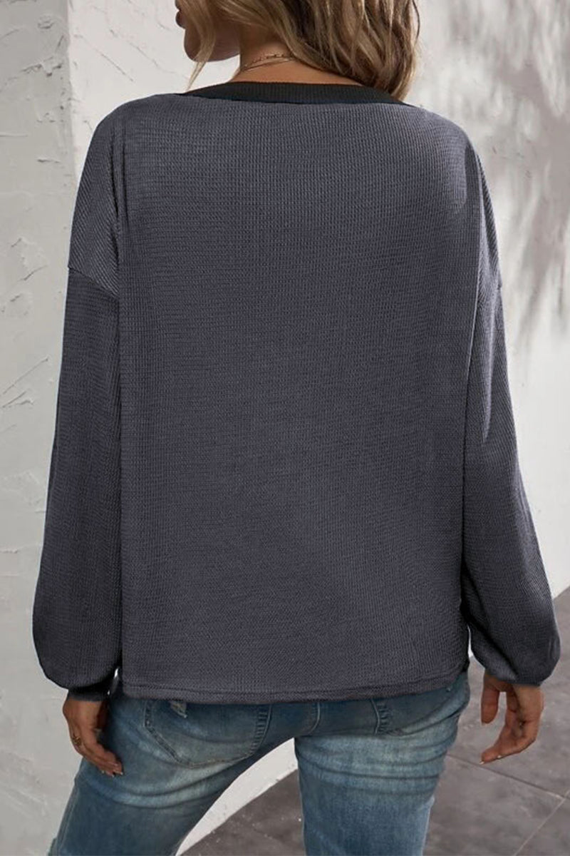 Kaynafashions - Casual Solid Patchwork Buttons V Neck T-Shirts(7 Colors)