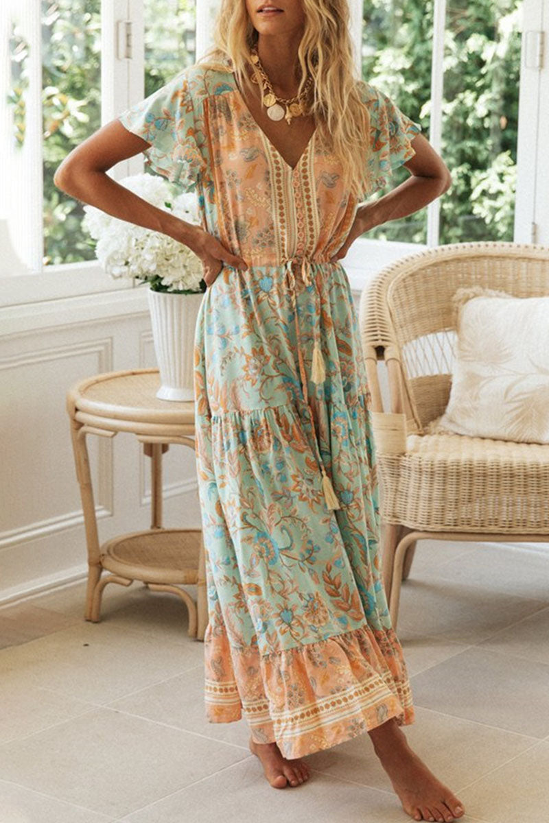 Kaynafashions - Fashion Vacation Print Patchwork V Neck Printed Dresses