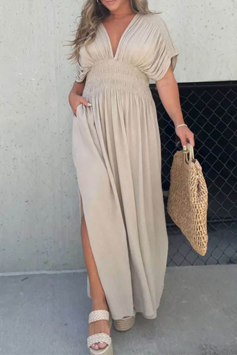 Kaynafashions - Casual Simplicity Solid Pocket V Neck A Line Short Sleeve Dress