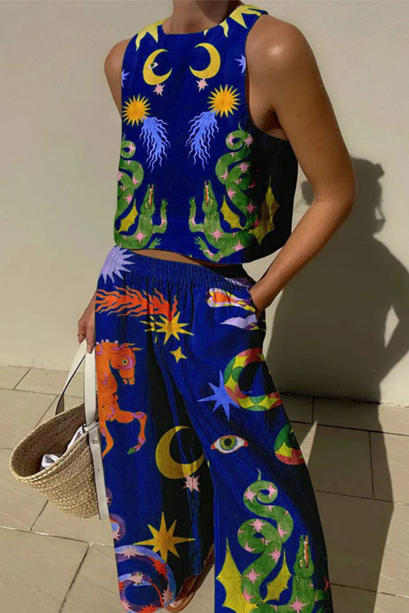 Kaynafashions - Casual Print Pocket O Neck Sleeveless Two Pieces(7 Colors)