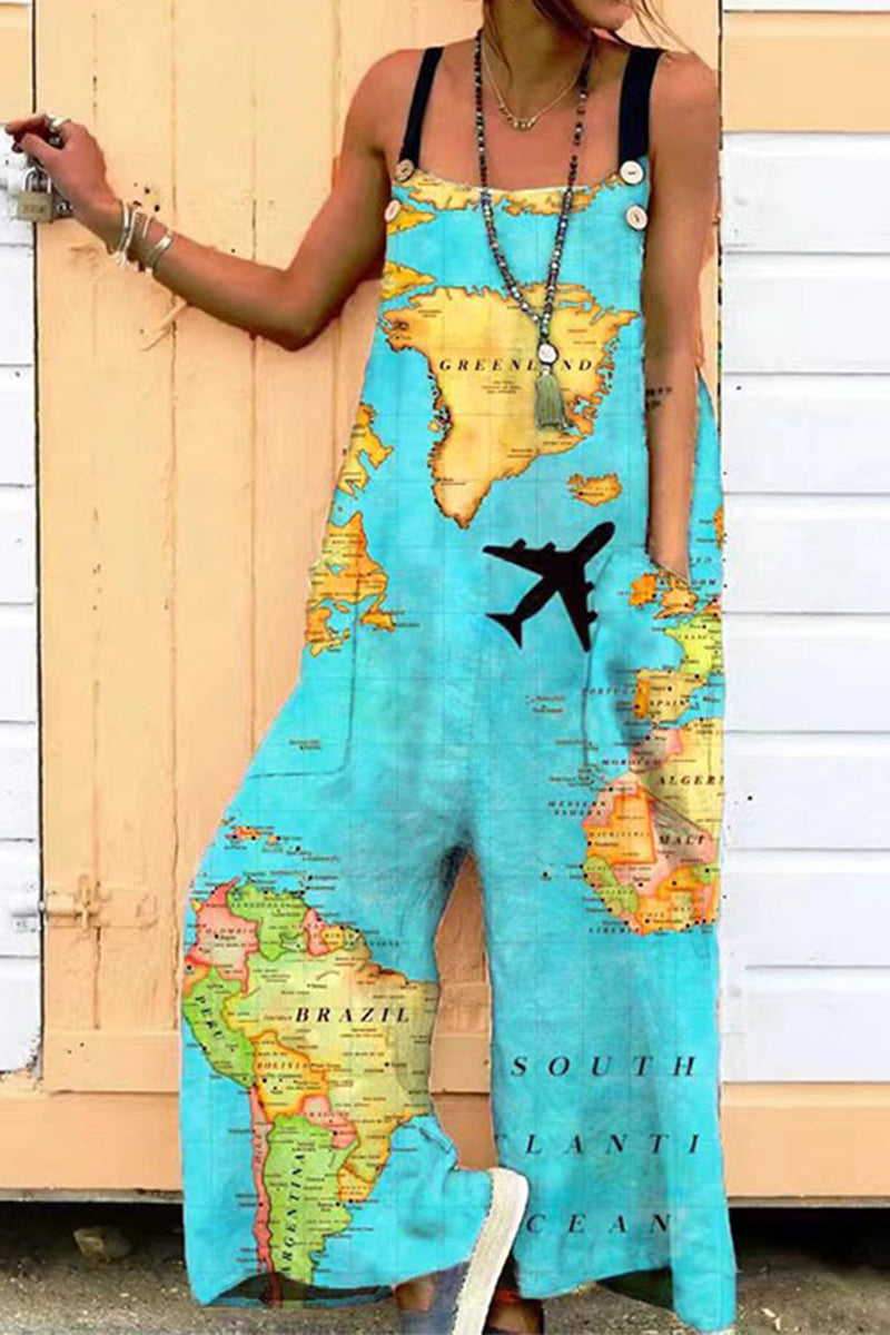 Kaynafashions - Casual Printing Spaghetti Strap Loose Jumpsuits(6 Colors)