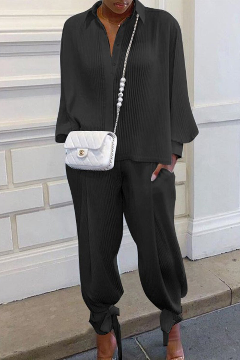 Kaynafashions - Casual Solid Pocket Turndown Collar Long Sleeve Two Pieces