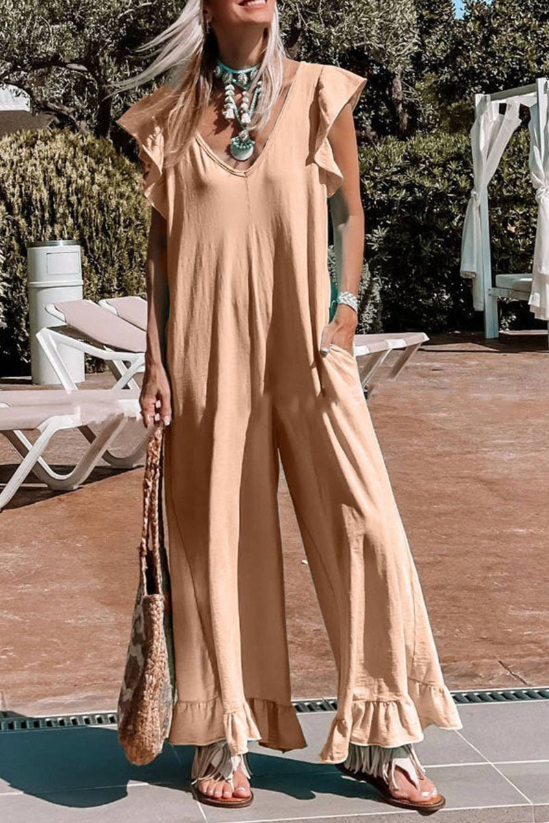 Kaynafashions - Casual Solid Flounce V Neck Loose Jumpsuits(3 Colors)