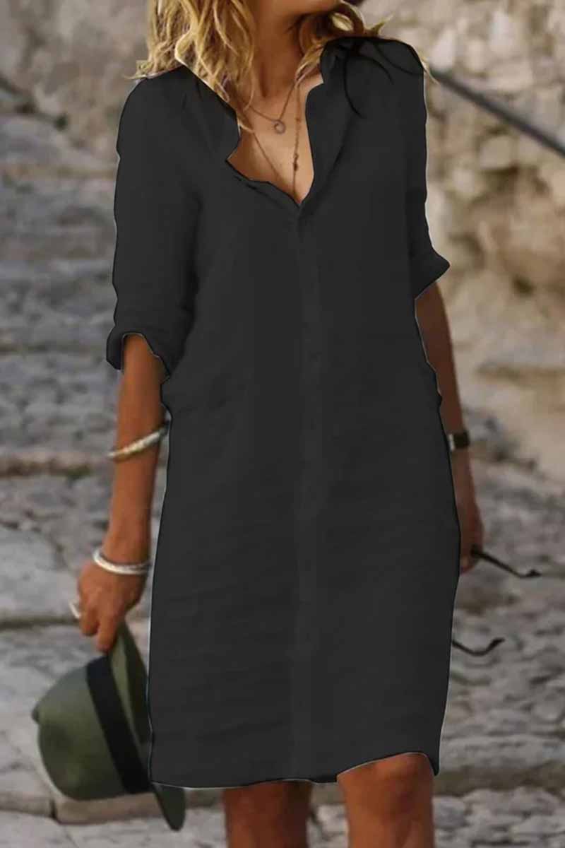 Kaynafashions - Casual Solid Turndown Collar Shirt Dress Dresses(4 Colors)