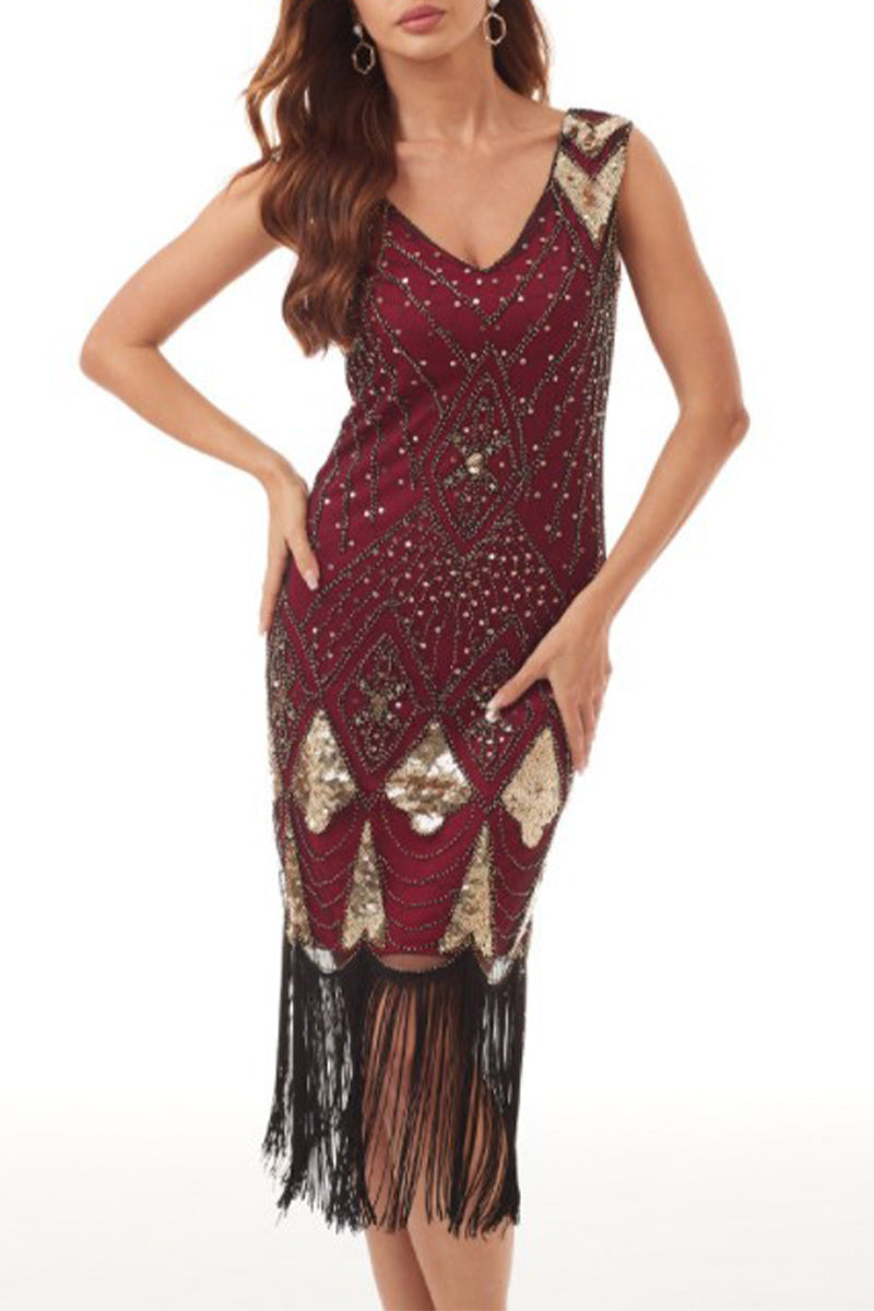 Kaynafashions - College Formal Patchwork Tassel Sequins Beading V Neck Evening Dress Dresses(3 Colors)