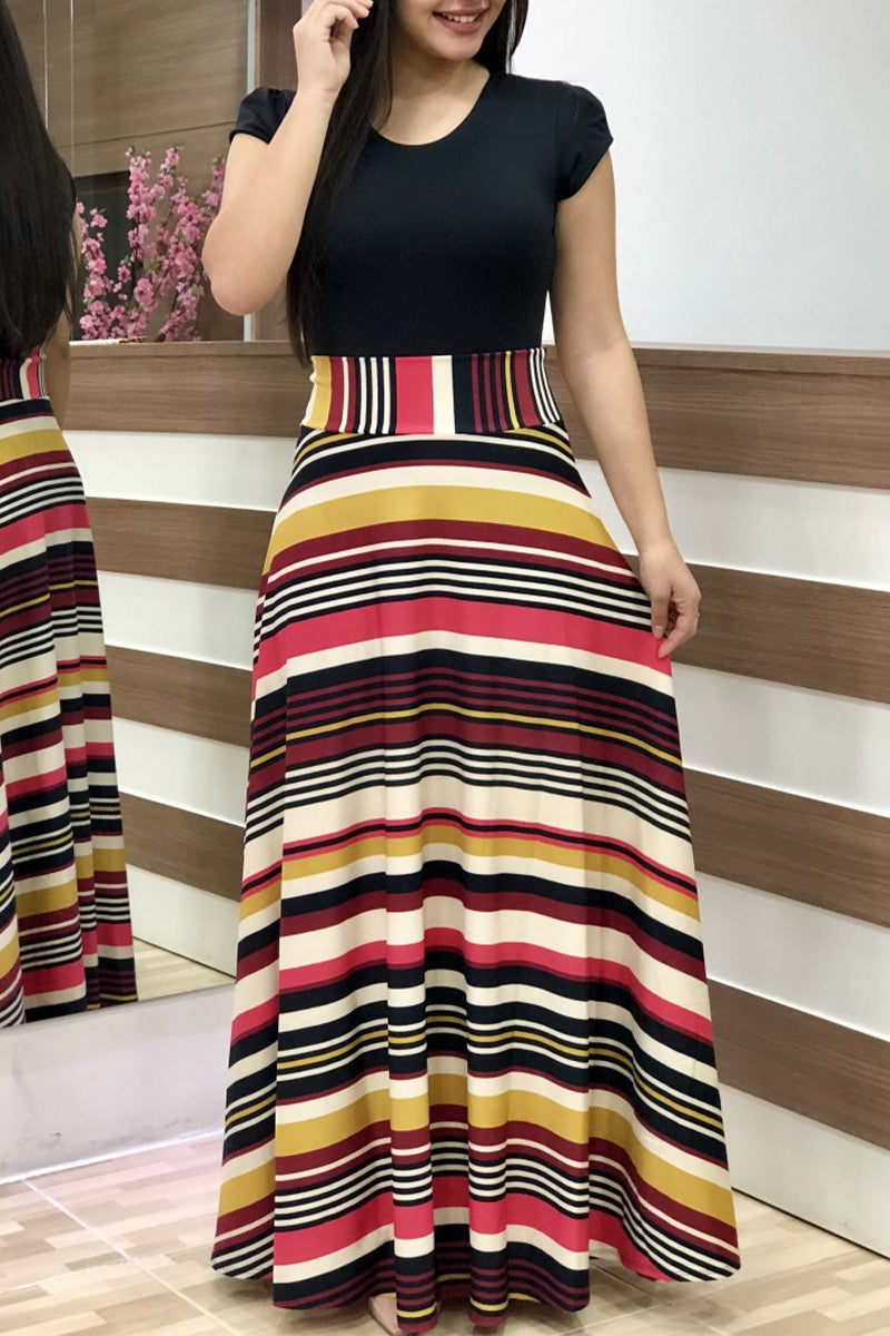 Kaynafashions - Casual Bohemian Print Solid Patchwork O Neck Short Sleeve Dress Dresses(12 Colors)