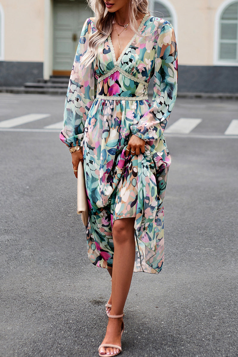 Kaynafashions - Elegant Geometric Printing V Neck A Line Dresses