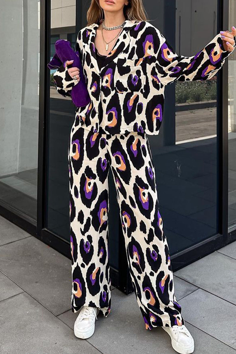 Kaynafashions - Casual Print Turndown Collar Long Sleeve Two Pieces