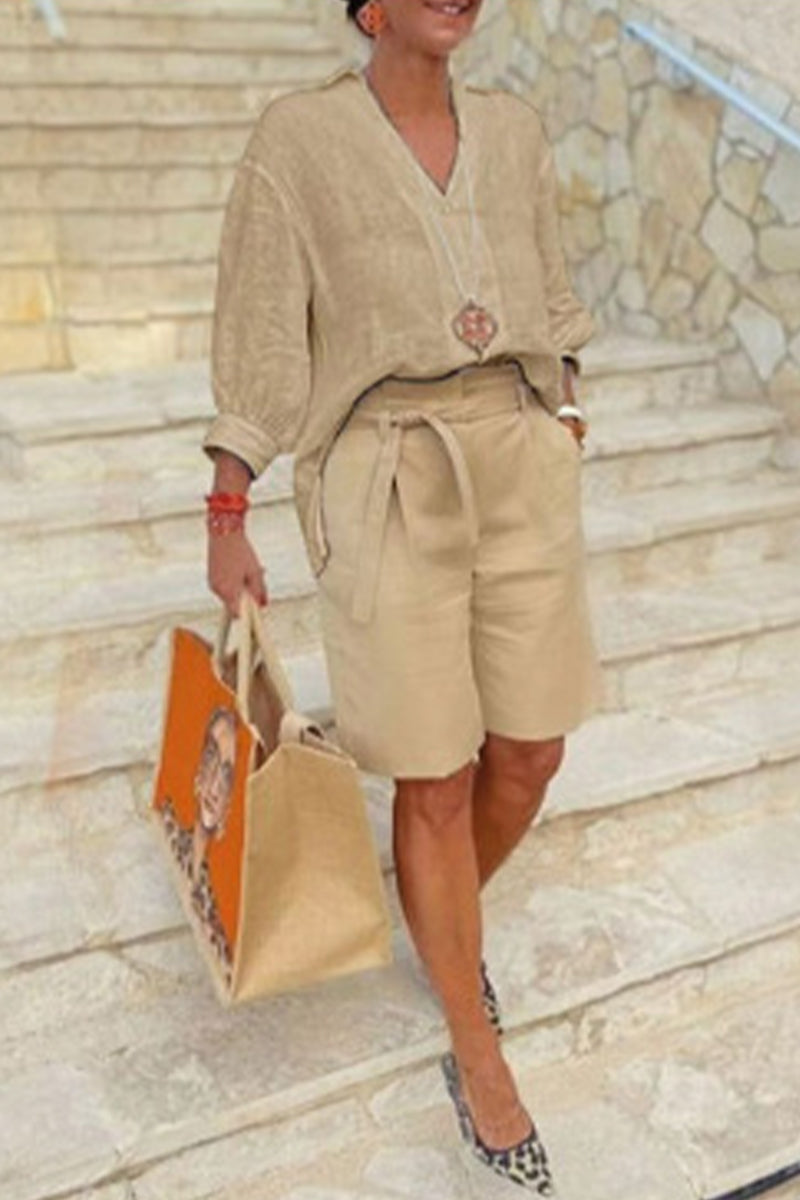 Kaynafashions - Casual Simplicity Solid Pocket V Neck Long Sleeve Two Pieces(4 Colors)