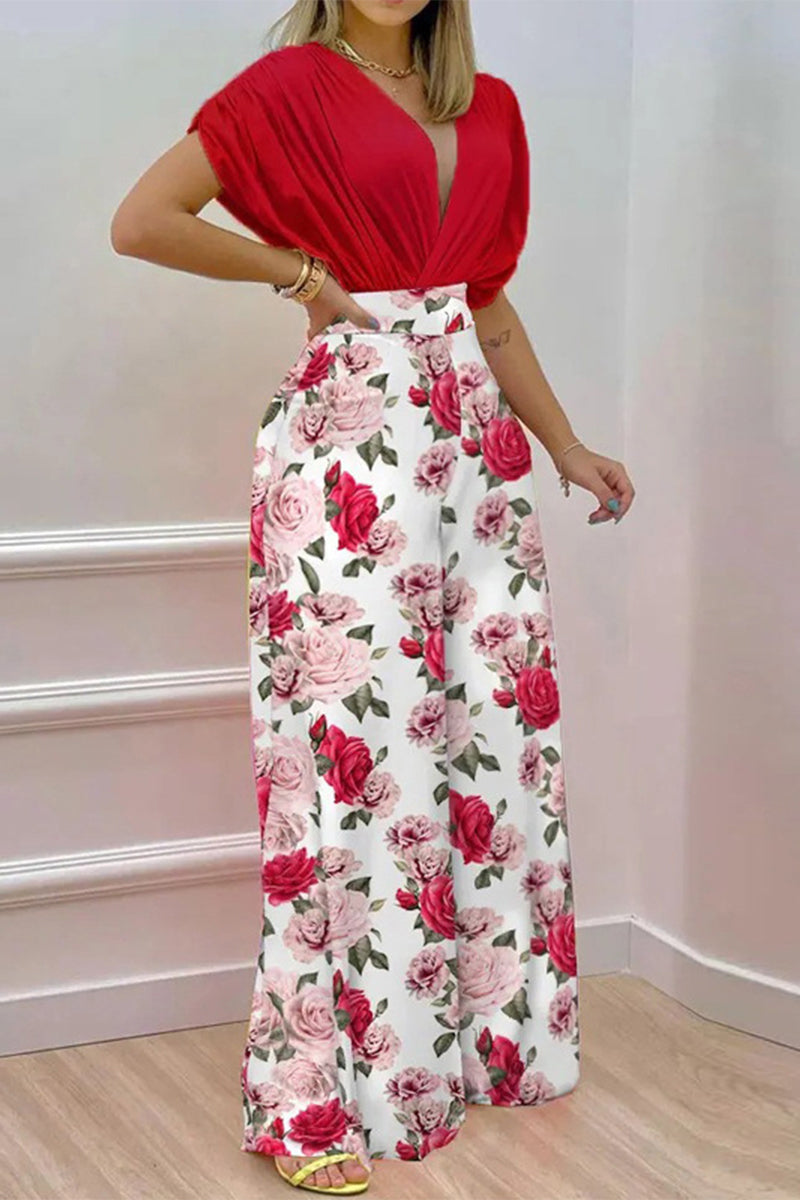 Kaynafashions - Elegant Print Solid Patchwork V Neck Short Sleeve Two Pieces