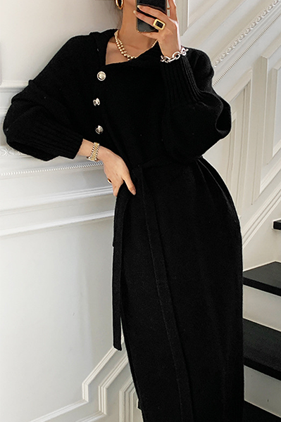 Kaynafashions - Casual Elegant Solid Buckle With Belt Turtleneck Dresses