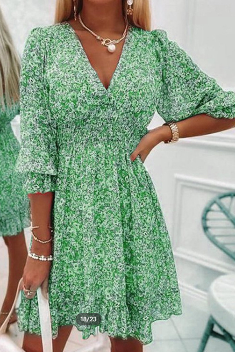 Kaynafashions - Casual Print Patchwork V Neck Waist Skirt Dresses(6 colors)