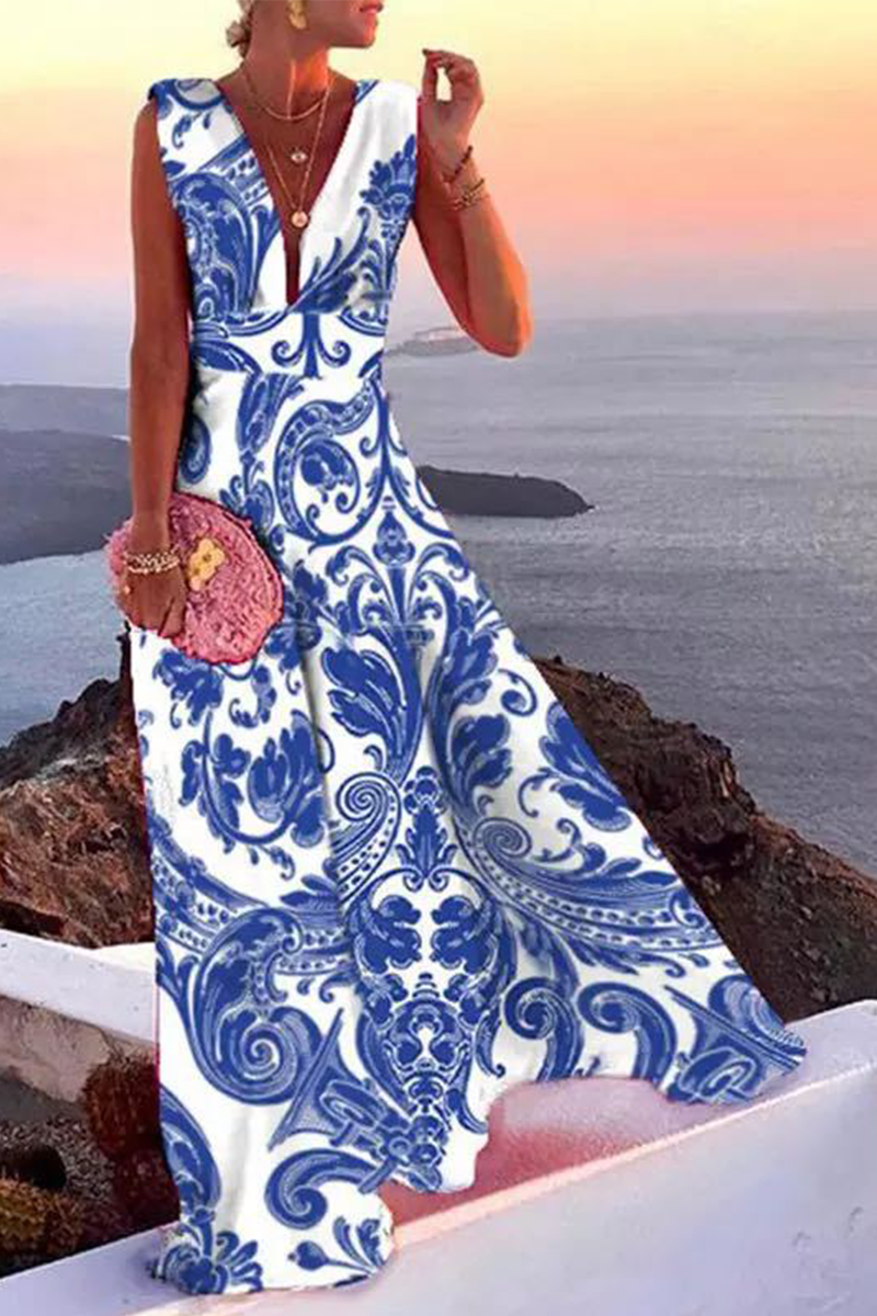 Kaynafashions - Casual Print Patchwork V Neck Cake Skirt Dresses(5 Colors)