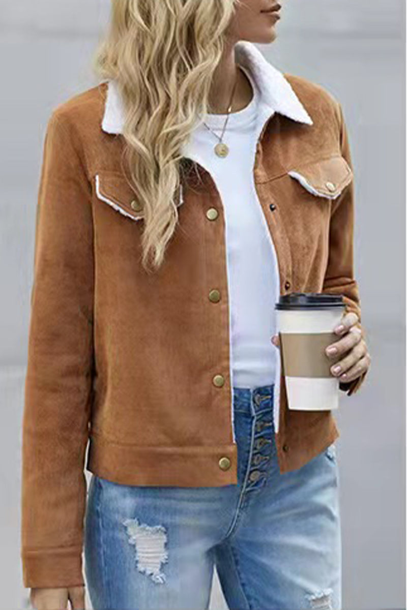 Kaynafashions - Street Solid Buckle Turndown Collar Outerwear