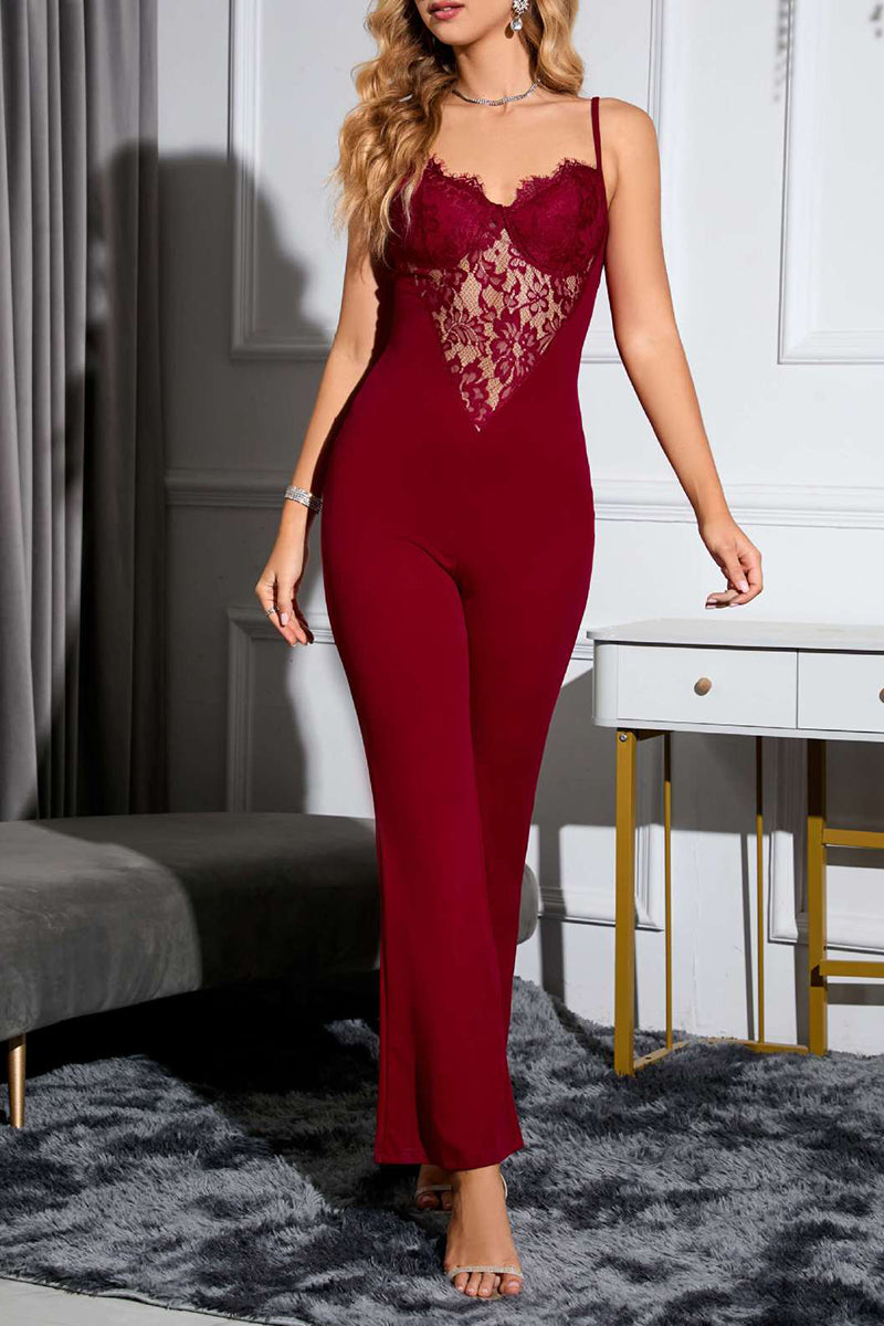Kaynafashions - Sexy Celebrities Solid Lace Hollowed Out V Neck Skinny Jumpsuits
