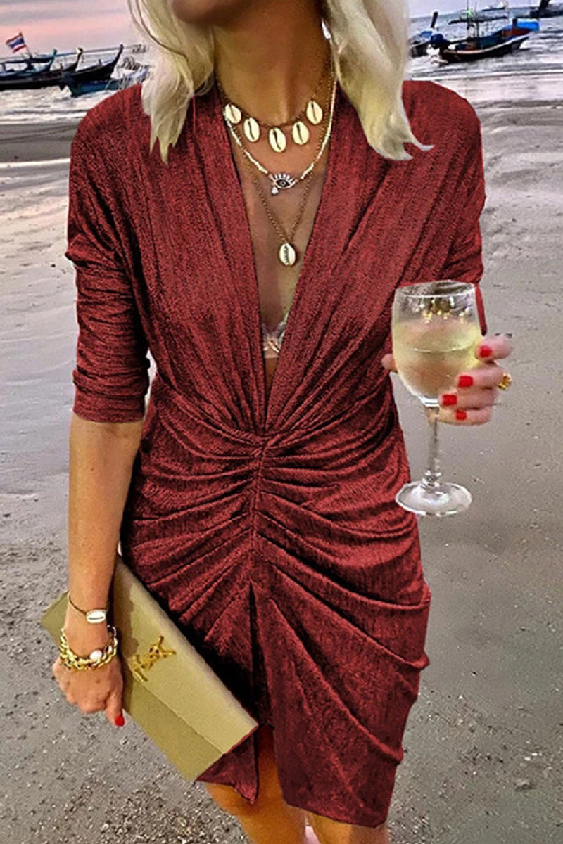 Kaynafashions - Celebrities Elegant Solid Fold V Neck A Line Dresses(4 Colors)