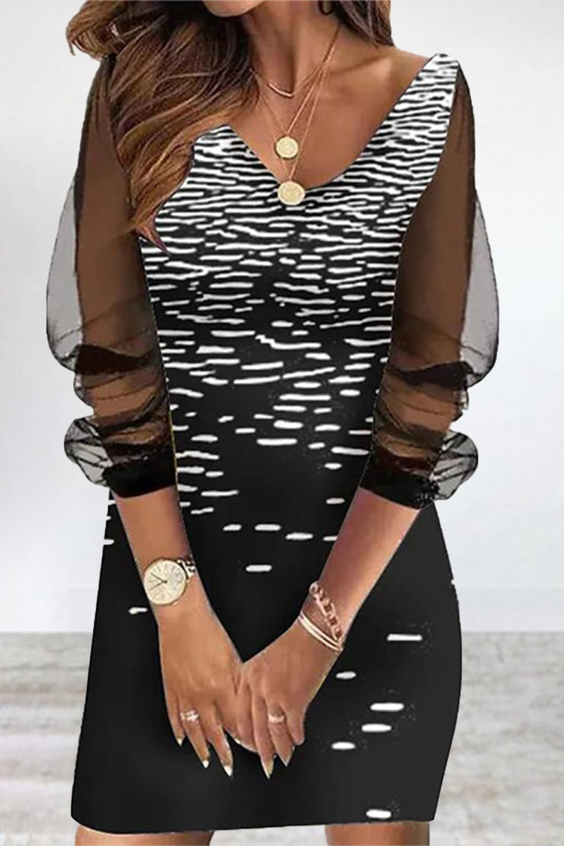 Kaynafashions - Print Hollowed Out O Neck Pencil Skirt Dresses(5 Colors)