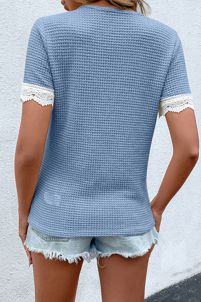 Kaynafashions - Casual Work Solid Lace Contrast V Neck T-Shirts