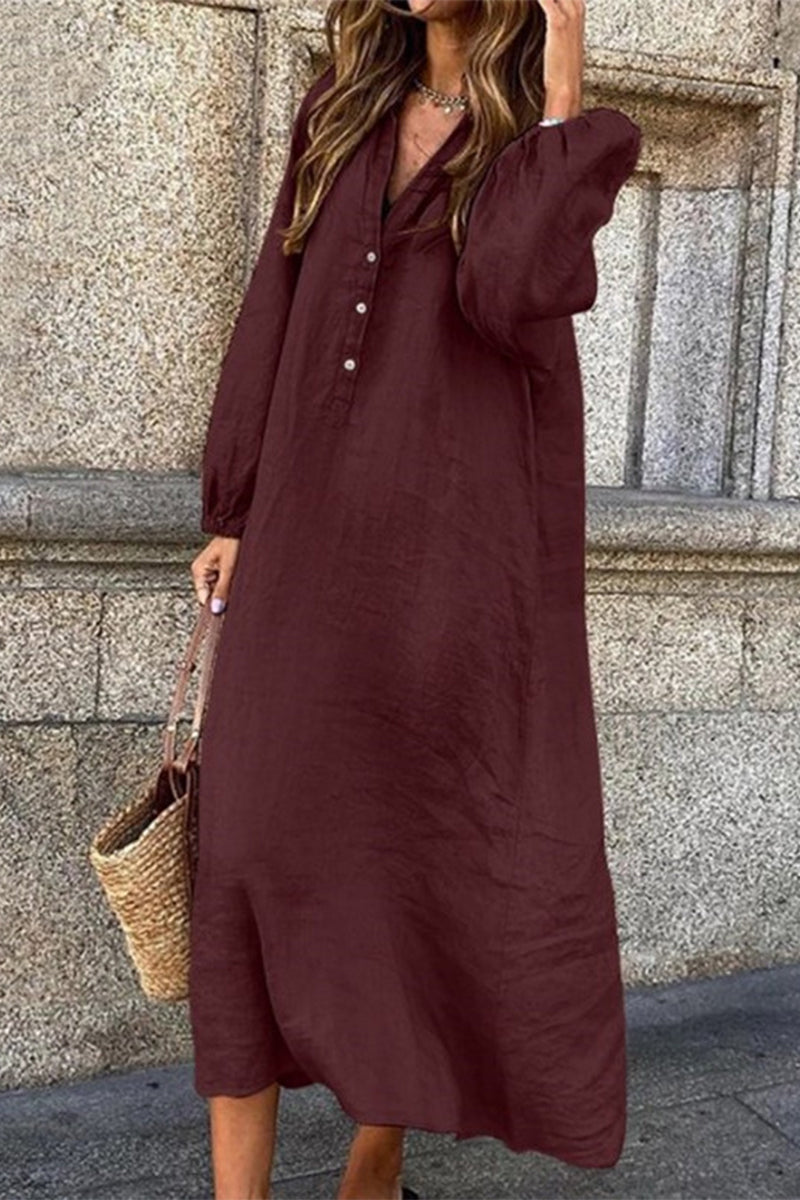 Kaynafashions - Casual Solid Buttons V Neck Long Sleeve Dresses(4 Colors)