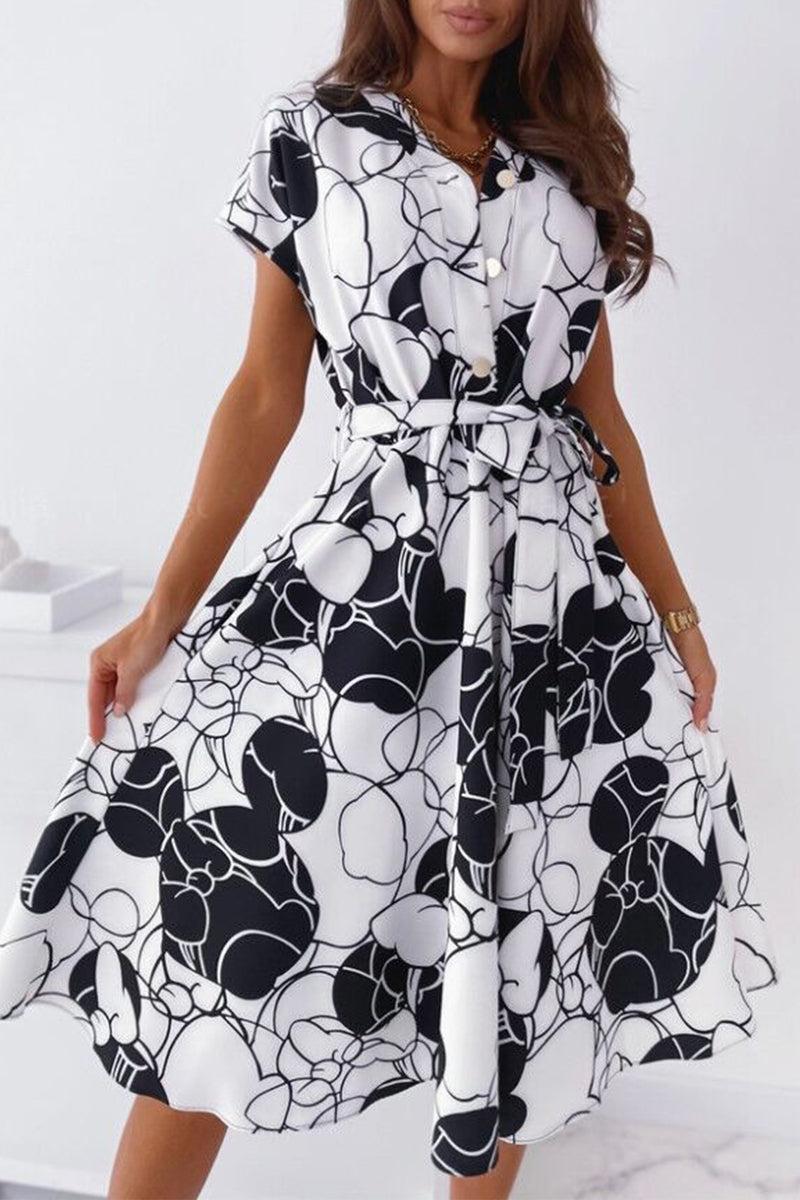 Kaynafashions - Celebrities Elegant Print Patchwork V Neck Shirt Dress Dresses
