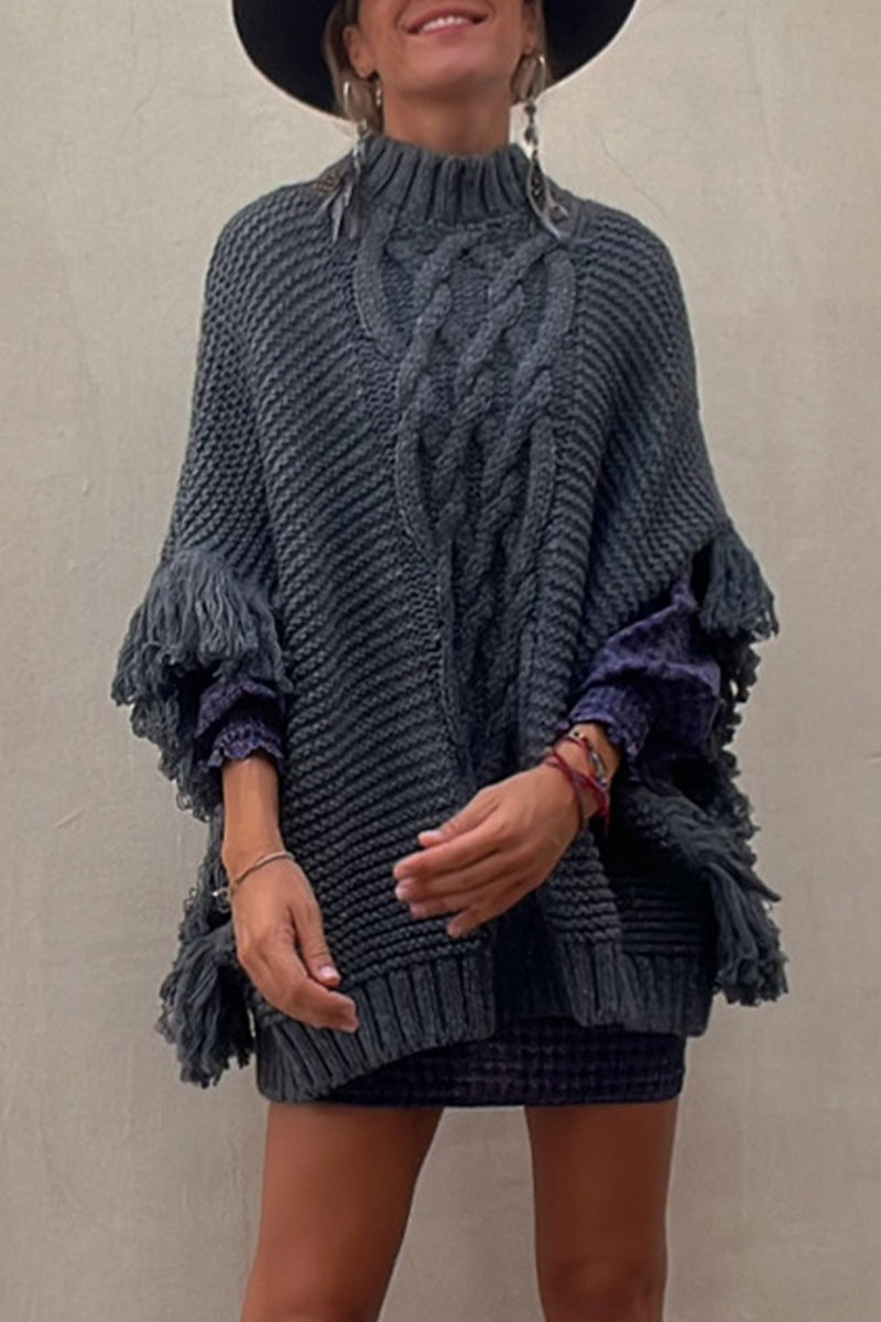 Kaynafashions - Casual Solid Tassel Patchwork O Neck Outerwear