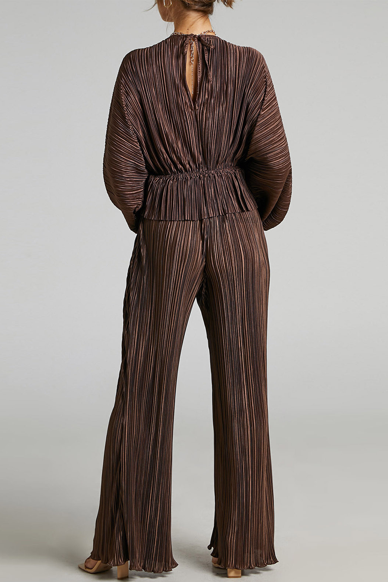 Kaynafashions - Casual Solid Fold V Neck Long Sleeve Two Pieces