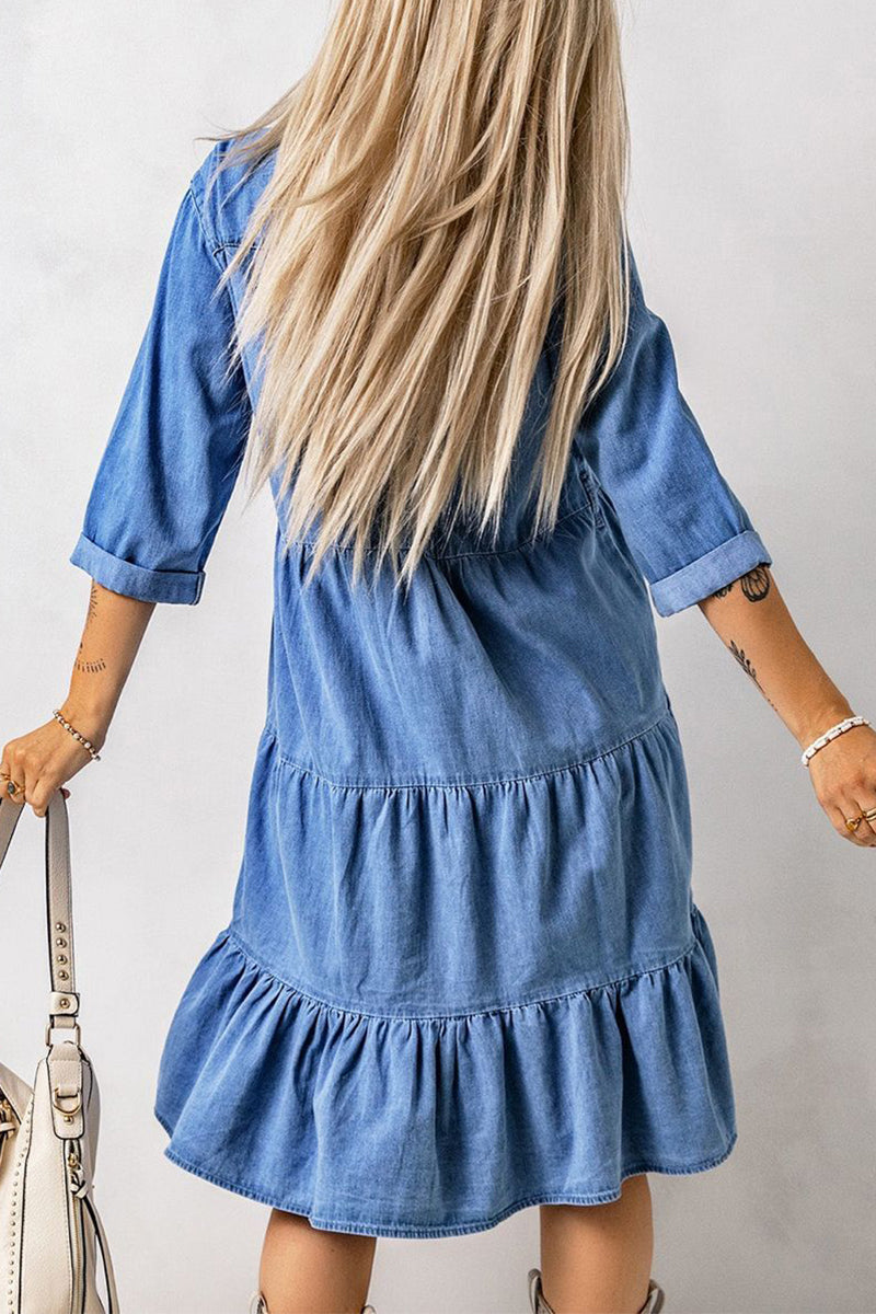 Kaynafashions - Casual Street Solid Patchwork Turndown Collar Nine Points Sleeve Loose Denim Dresses