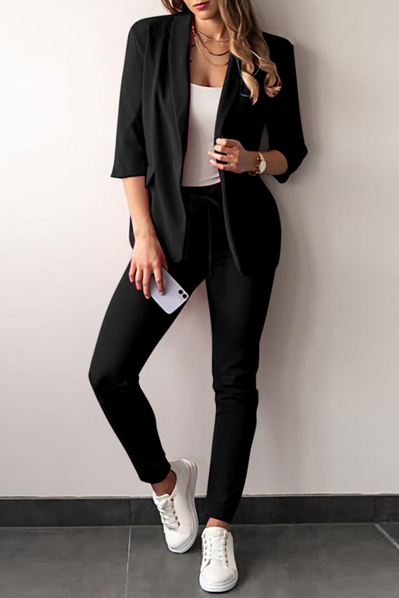 Kaynafashions - Casual Solid Frenulum Turn-back Collar Three Quarter Two Pieces