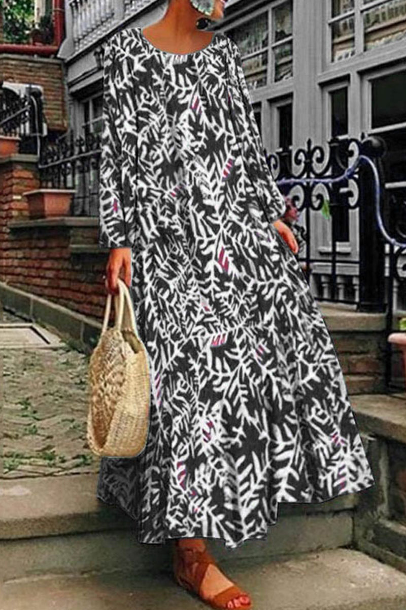 Kaynafashions - Elegant College Geometric Printing O Neck Printed Dress Dresses