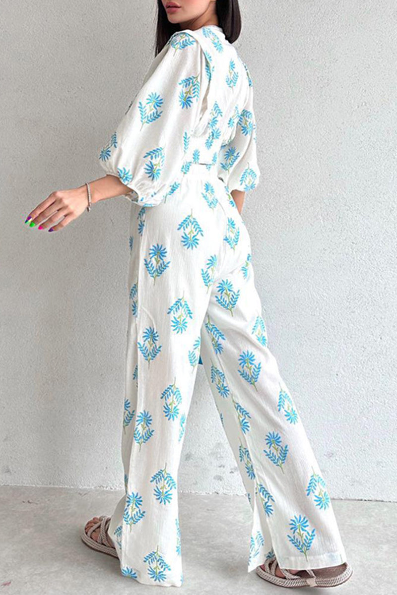 Kaynafashions - Casual Sweet Print Bandage V Neck Half Sleeve Two Pieces