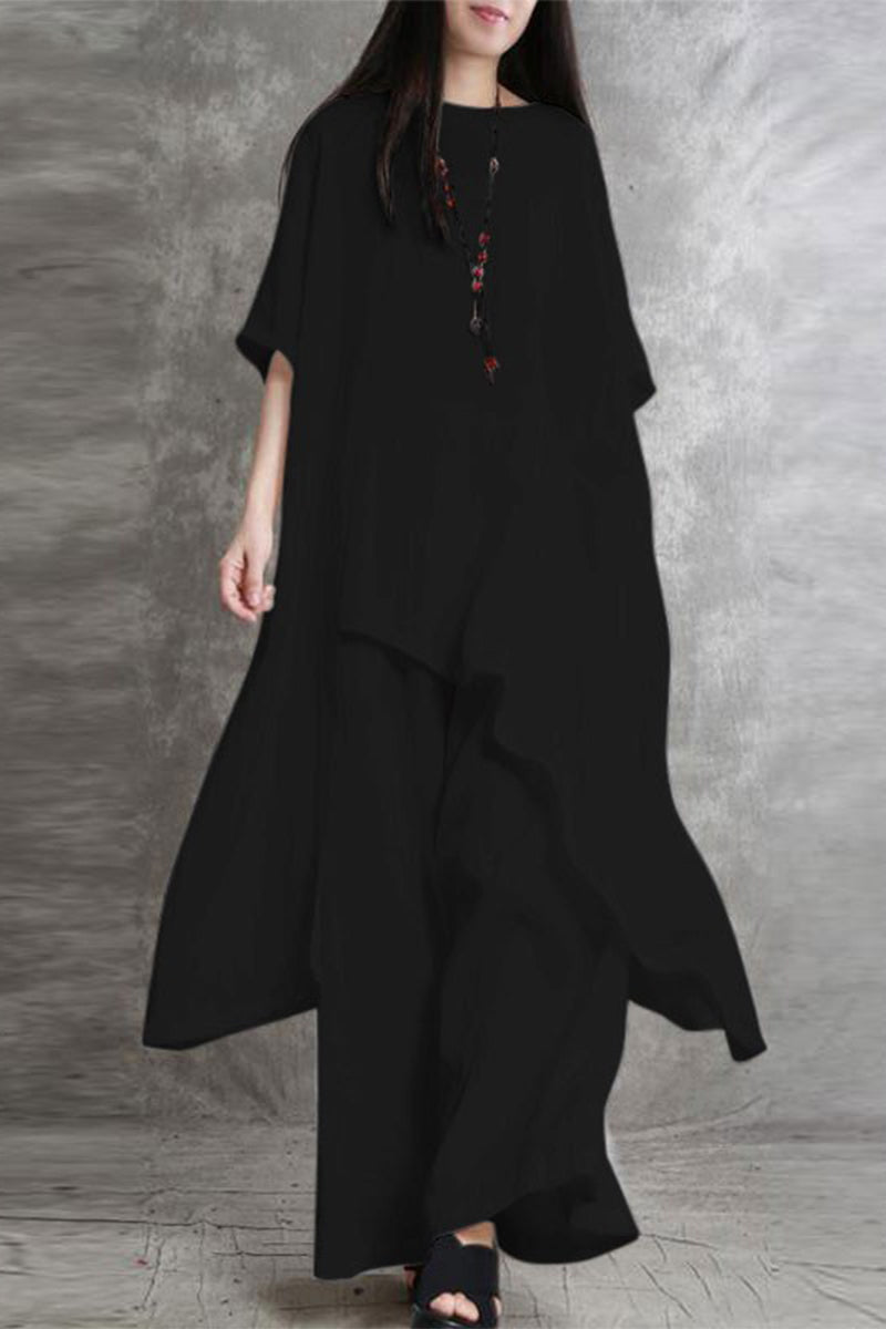 Kaynafashions - Casual Solid Pocket Asymmetrical O Neck Two Pieces