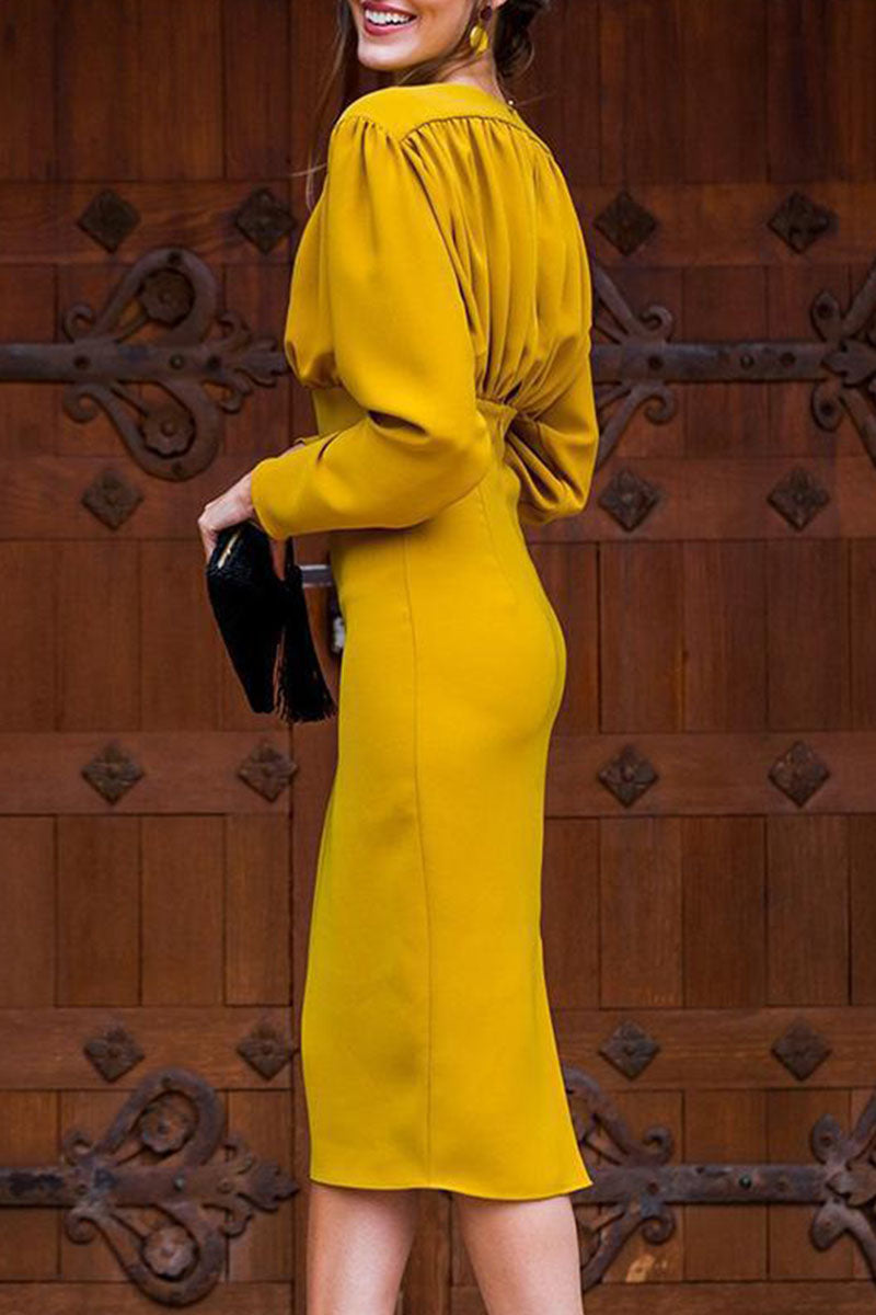 Kaynafashions - Elegant Solid Patchwork Fold V Neck One Step Skirt Dresses