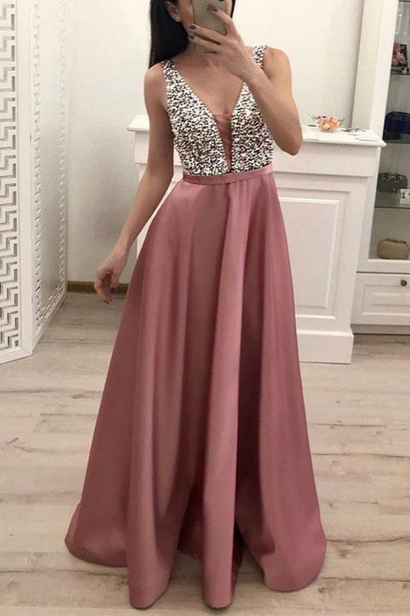 Kaynafashions - Sexy Formal Solid Sequins Zipper V Neck Evening Dress Dresses
