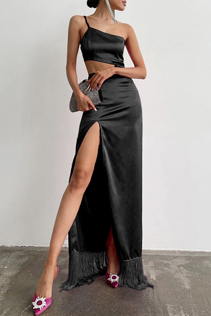 Kaynafashions - Sexy Party Solid Tassel Asymmetrical Oblique Collar Evening Dress Dresses