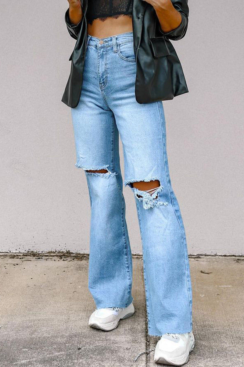 Kaynafashions - Street Solid Ripped High Waist Regular Denim Jeans