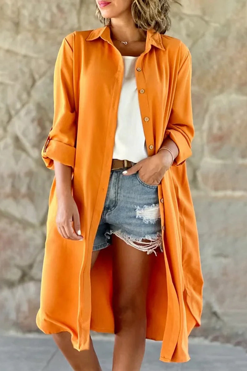 Kaynafashions - Casual Solid Buttons Turndown Collar Tops