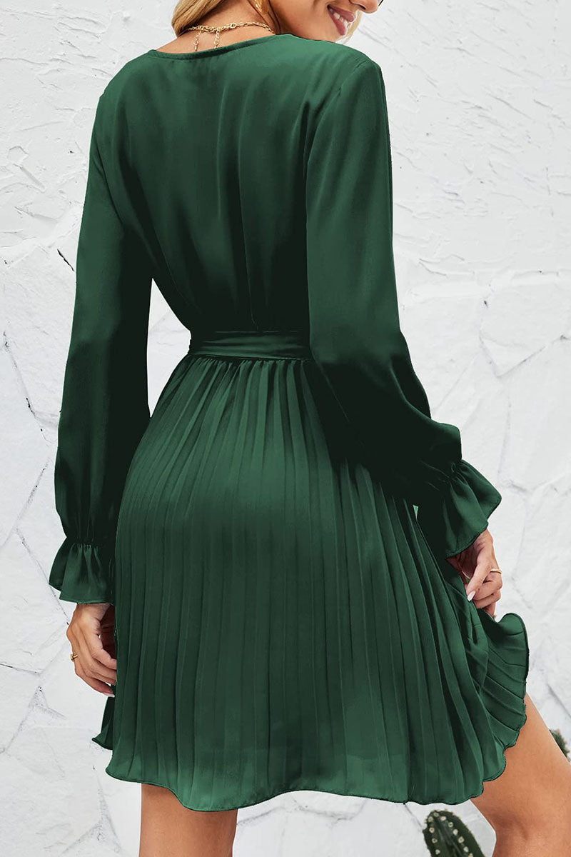 Kaynafashions - Sweet Patchwork Frenulum Fold V Neck Pleated Dresses(5 Colors)