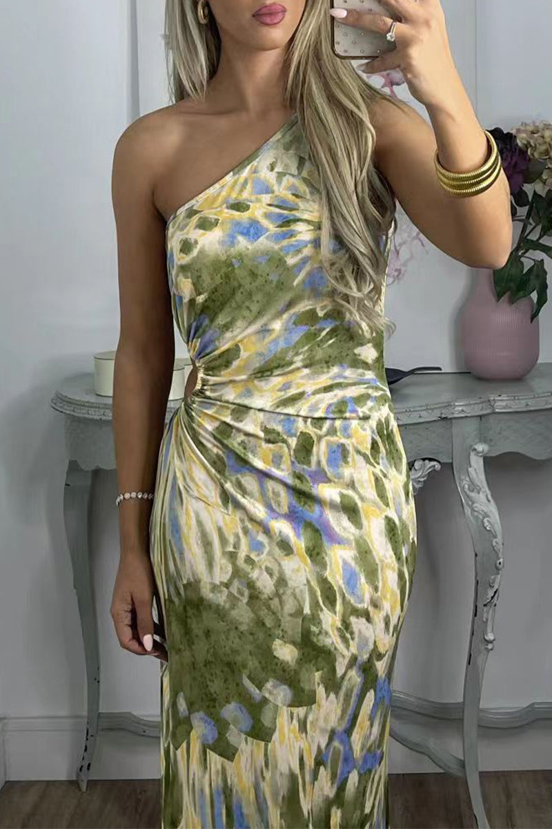 Kaynafashions - Sexy Print Patchwork Oblique Collar One Step Skirt Dresses