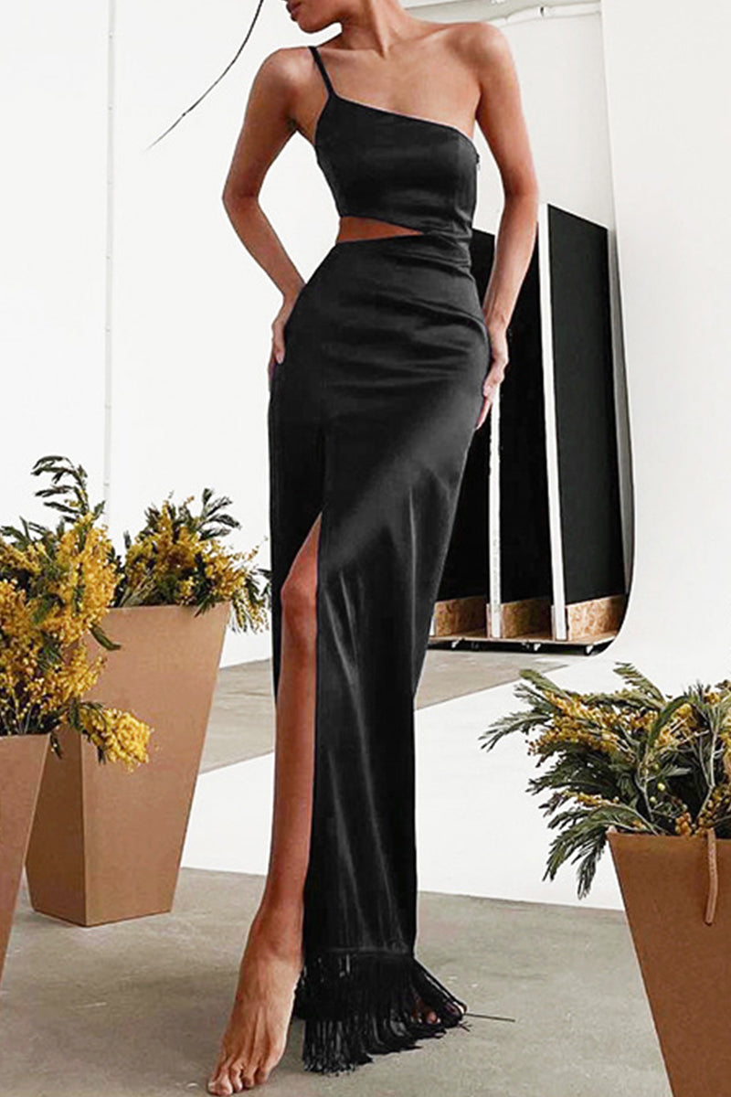 Kaynafashions - Sexy Party Solid Tassel Asymmetrical Oblique Collar Evening Dress Dresses