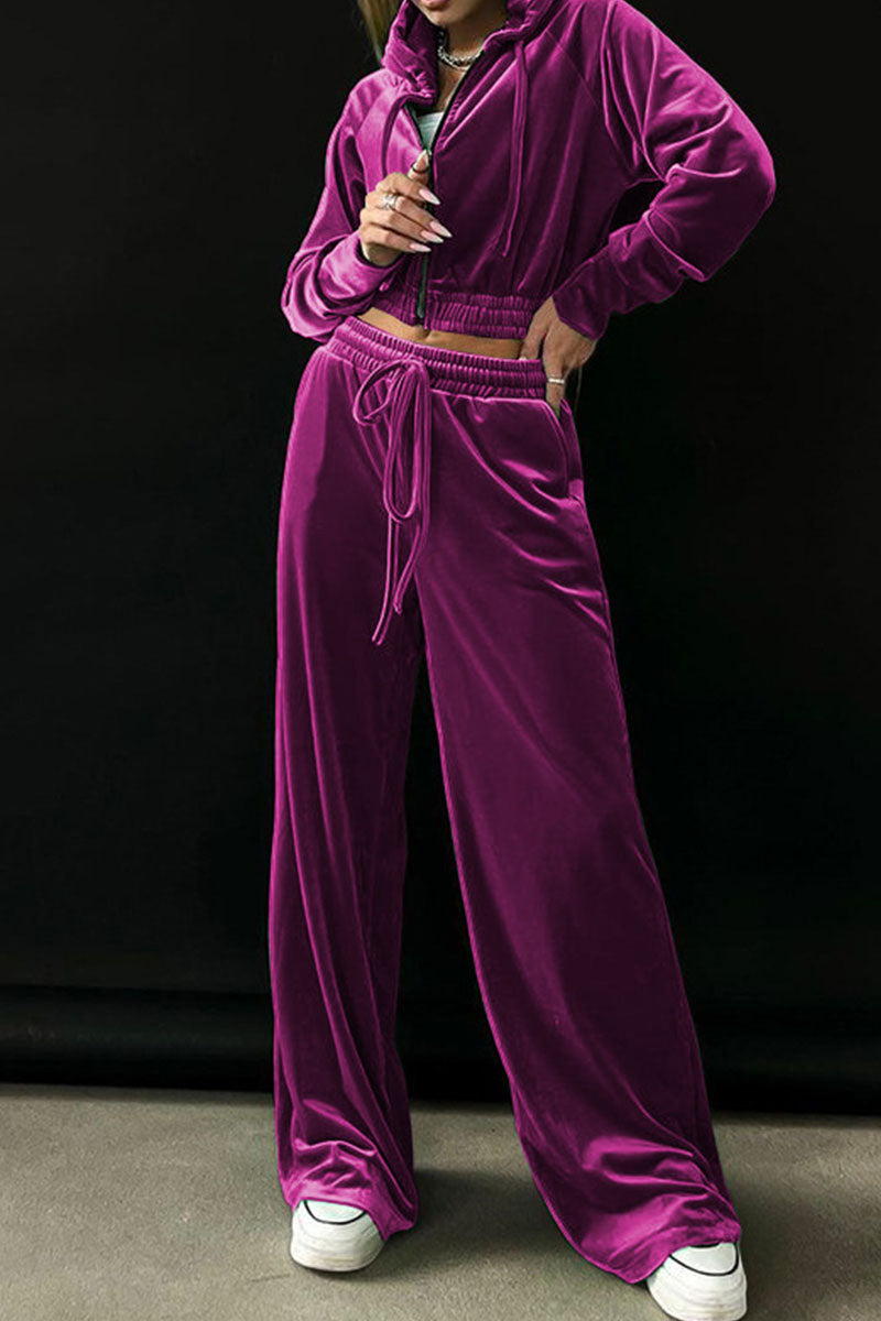 Kaynafashions - Casual Solid Patchwork Zipper Hooded Collar Long Sleeve Two Pieces