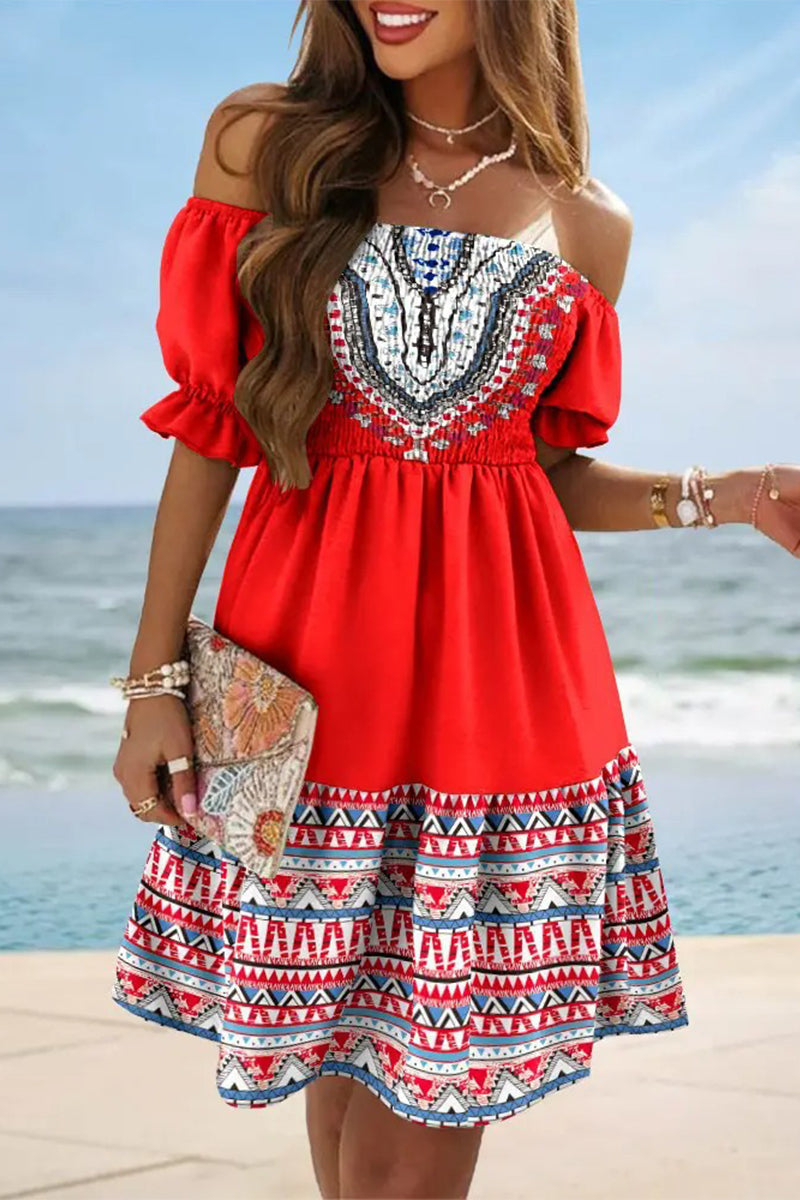 Kaynafashions - Sexy Print Patchwork Off the Shoulder Dresses(8 Colors)